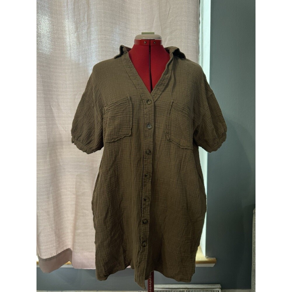 Impressions Brown Cotton Gauze Button Front Shirt Dress Tunic Oversized M